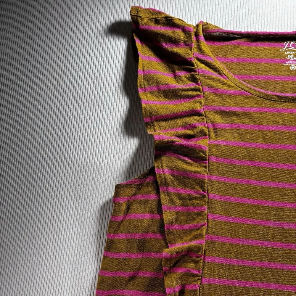 J. Crew‎ Women's Brown/Pink  Stripe 100% Linen  Ruffled Tank Top Medium